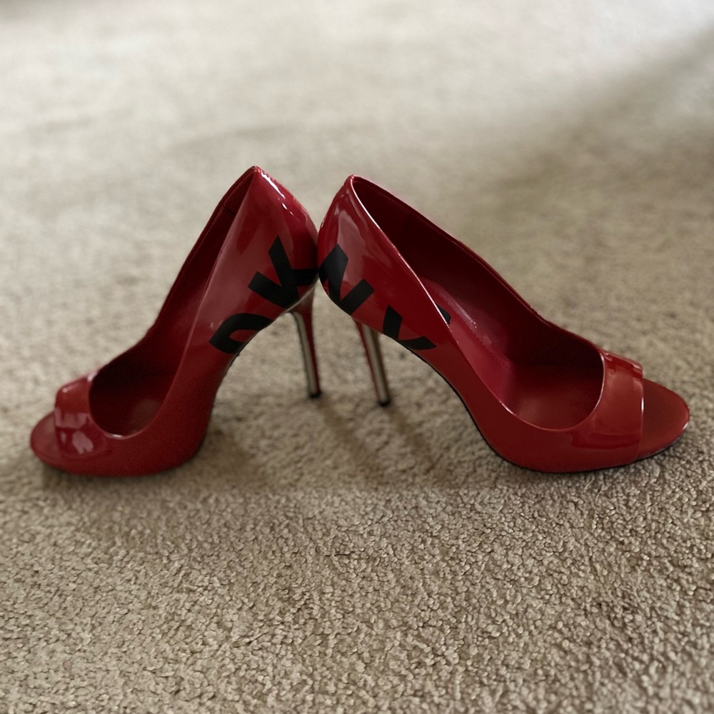 DKNY Red black and silver open toe heels NWT